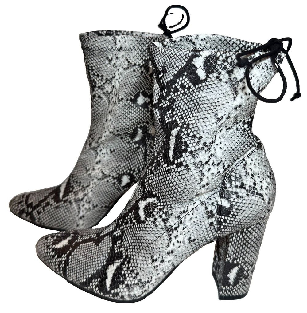 Shuzia Snake Print Stretch PU Pointy Toe Ankle Boots Flare Heel Size 7.5